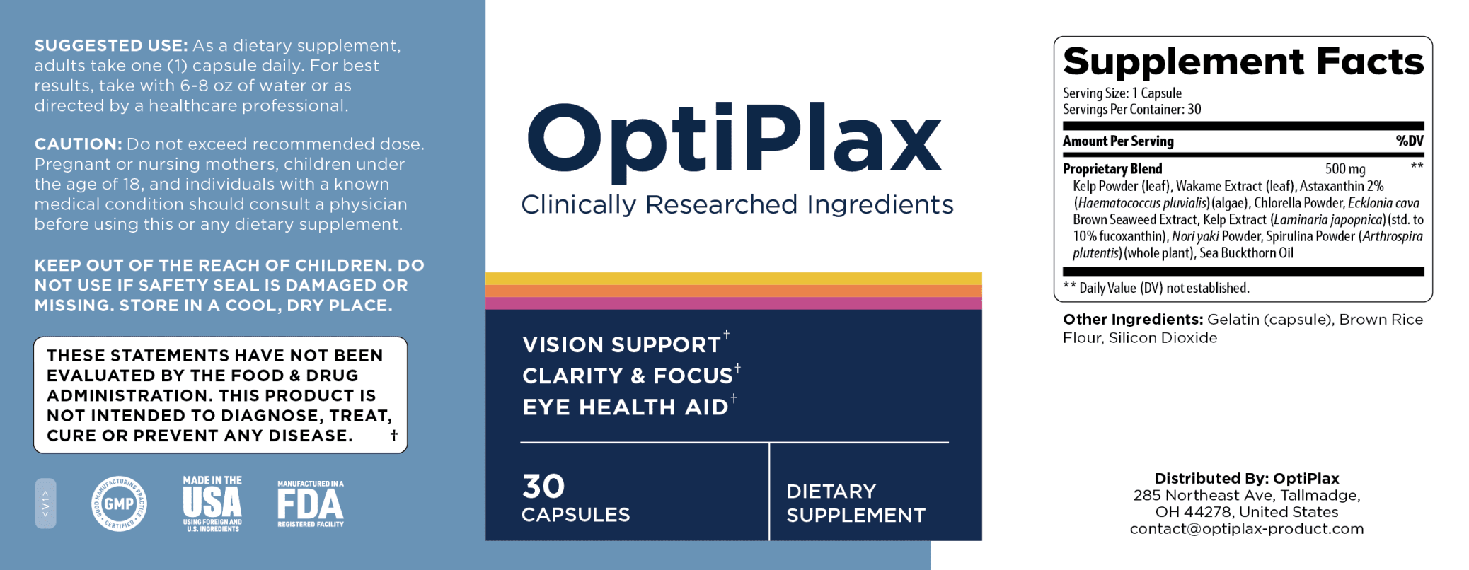 OptiPlax supplement facts label — full ingredient panel
