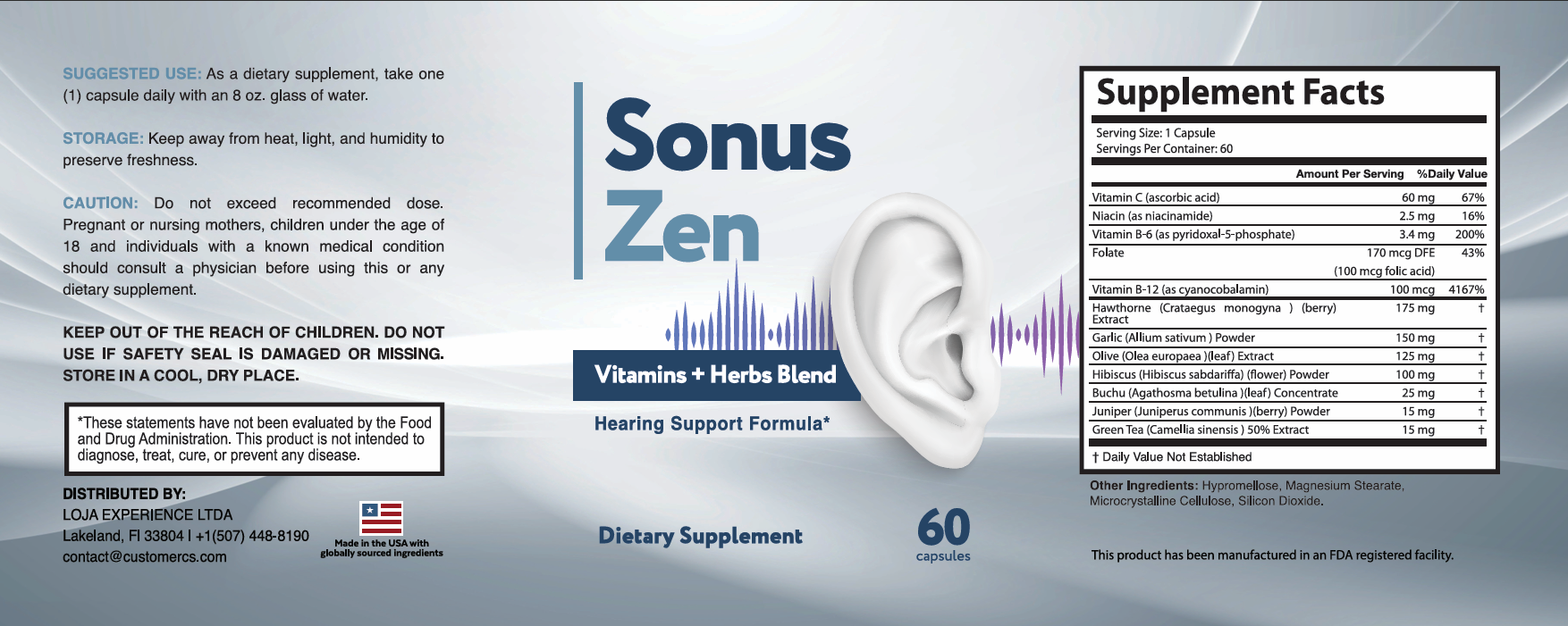 SonusZen Hearing Support supplement facts label — full ingredient panel
